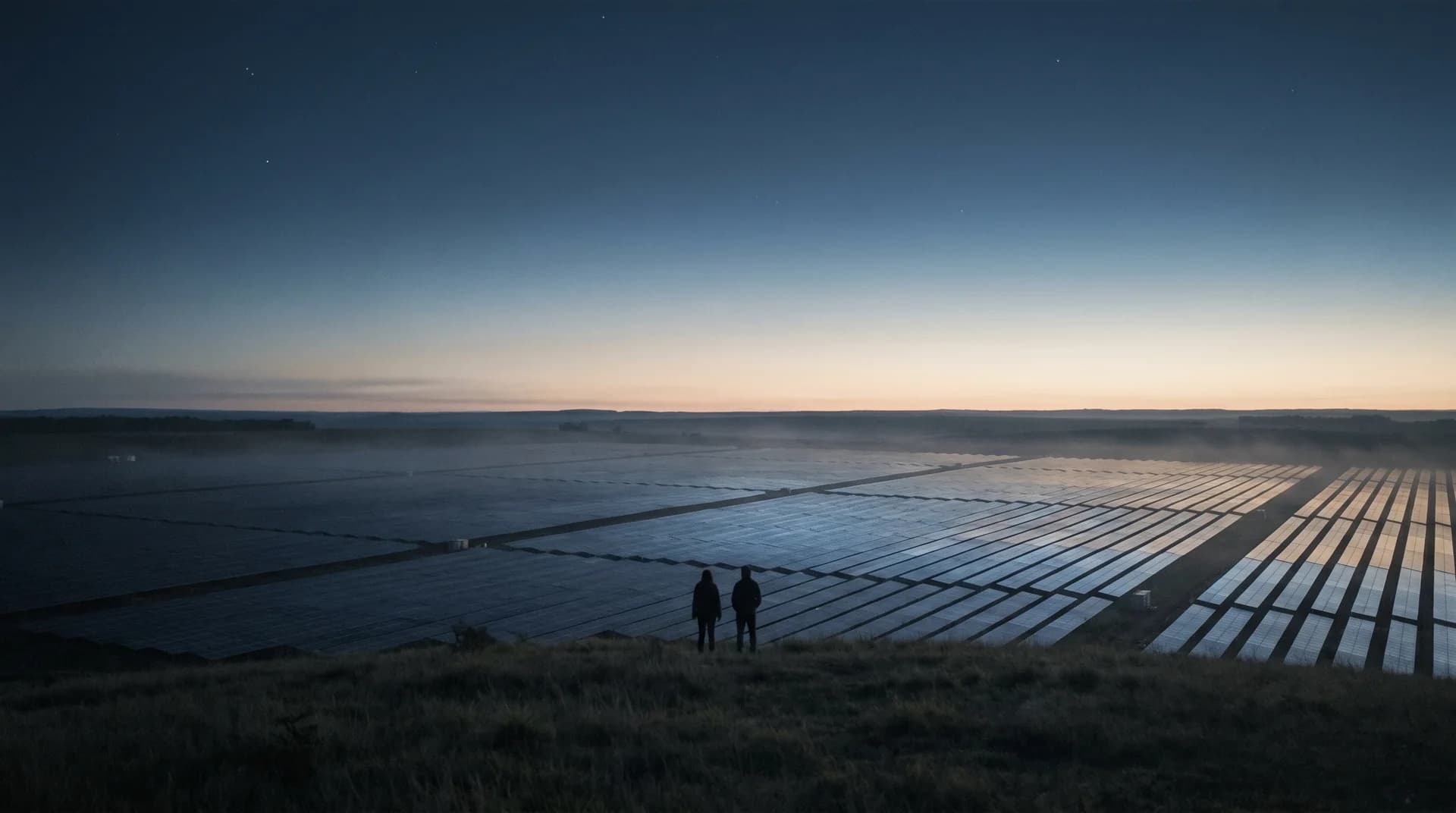 Amanhecer sobre um campo de energia solar no interior do Brasil, com duas figuras à frente contemplando o horizonte — a visão de longo prazo da Tekno Sollaris.