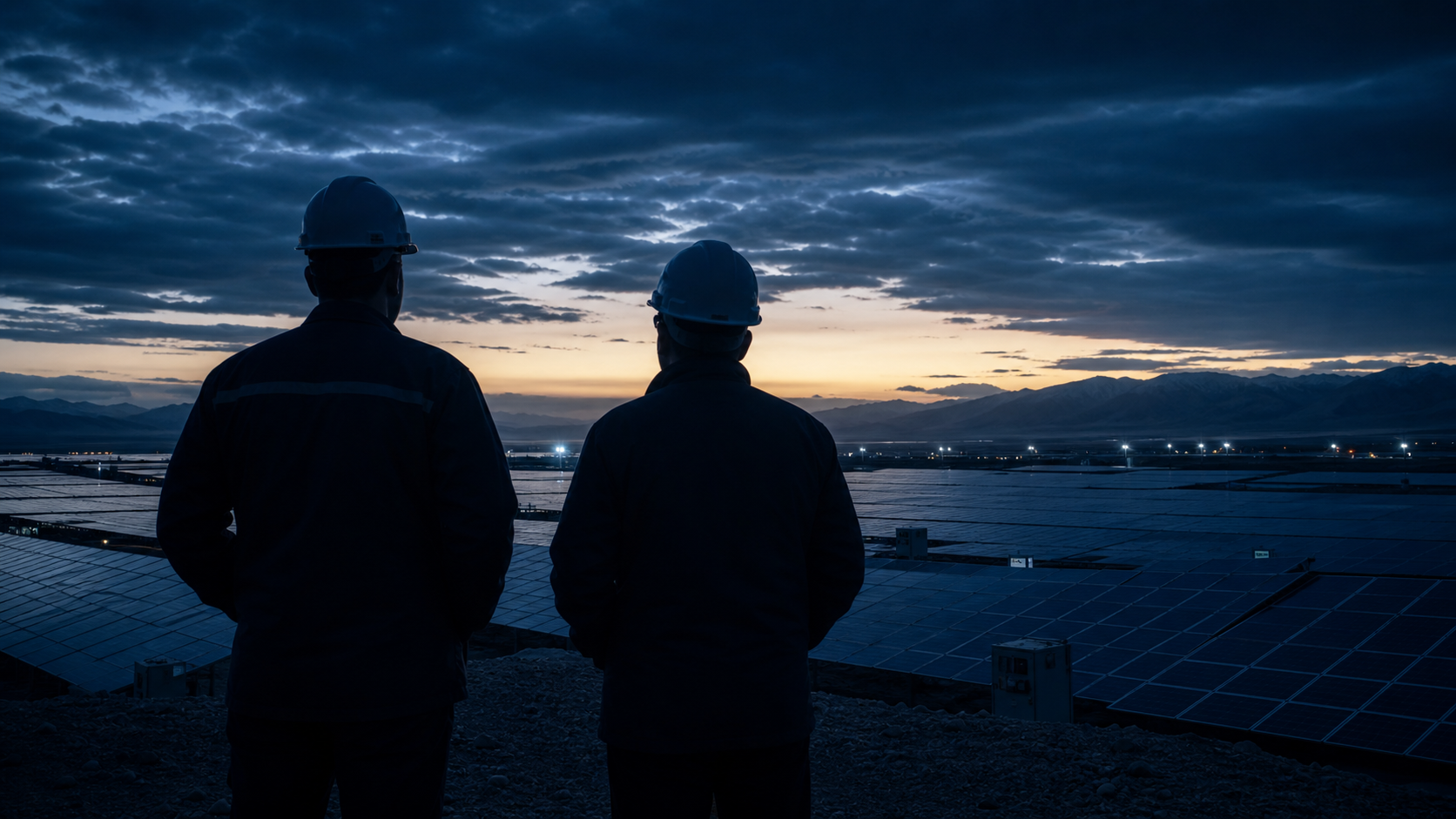 Dois engenheiros observando uma usina solar ao amanhecer