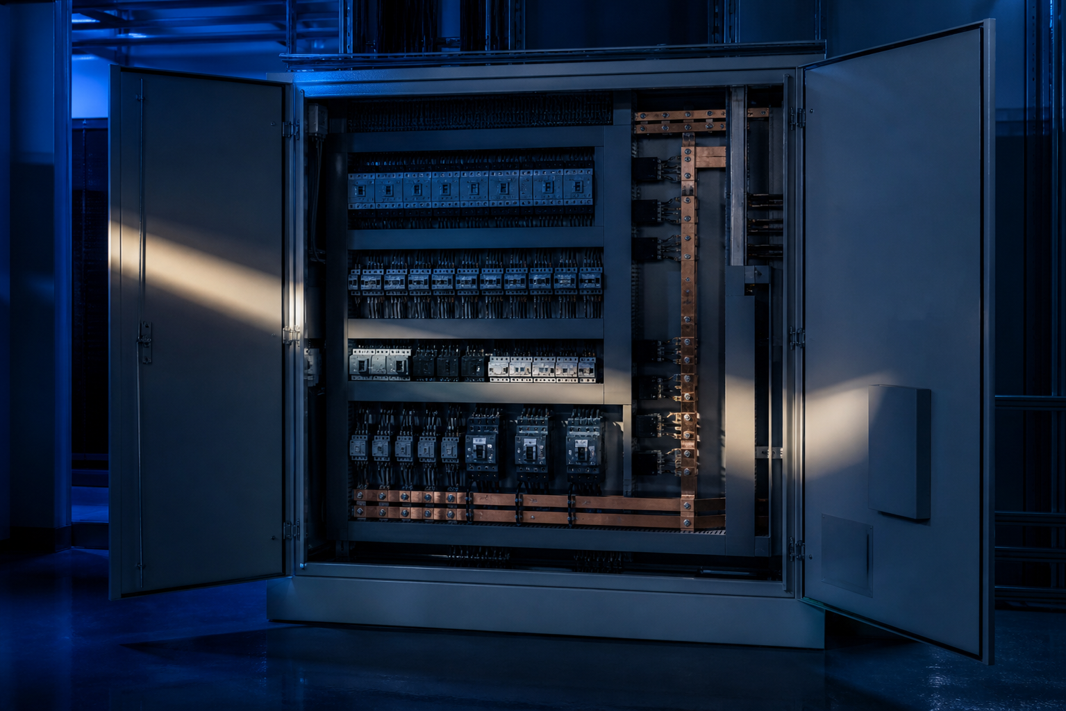 Painel de automação e controle industrial com disjuntores